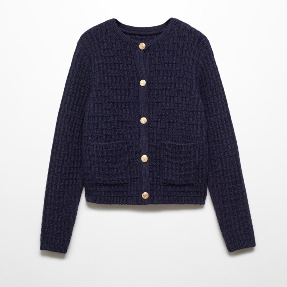 Mango Navy Blue Textured Knit Cardigan with Gold Buttons